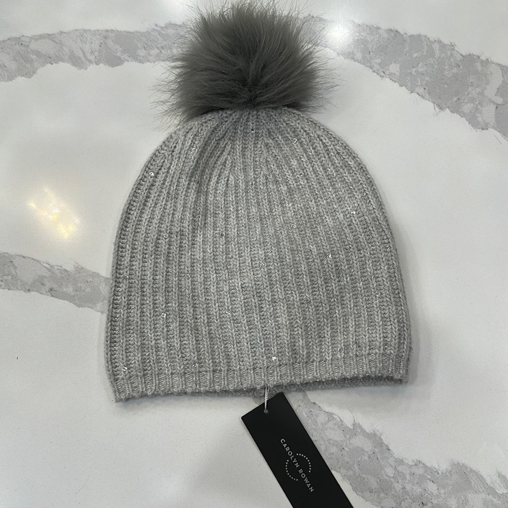 Carolyn Rowan Cashmere Blend Ribbed Beanie W.
Scattered Crystals & Faux Fur Hat